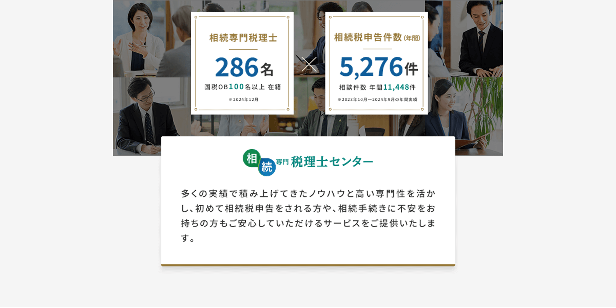 相続専門税理士286名 国税OB100名以上在籍 ※2024年12月 × 相続税申告件数（年間）5,276件 相談件数 年間11,448件 ※2023年10月～2024年9月の年間実績 相続専門税理士センター 多くの実績で積み上げてきたノウハウと高い専門性を活かし、初めて相続税申告をされる方や、相続手続きに不安をお持ちの方もご安心して