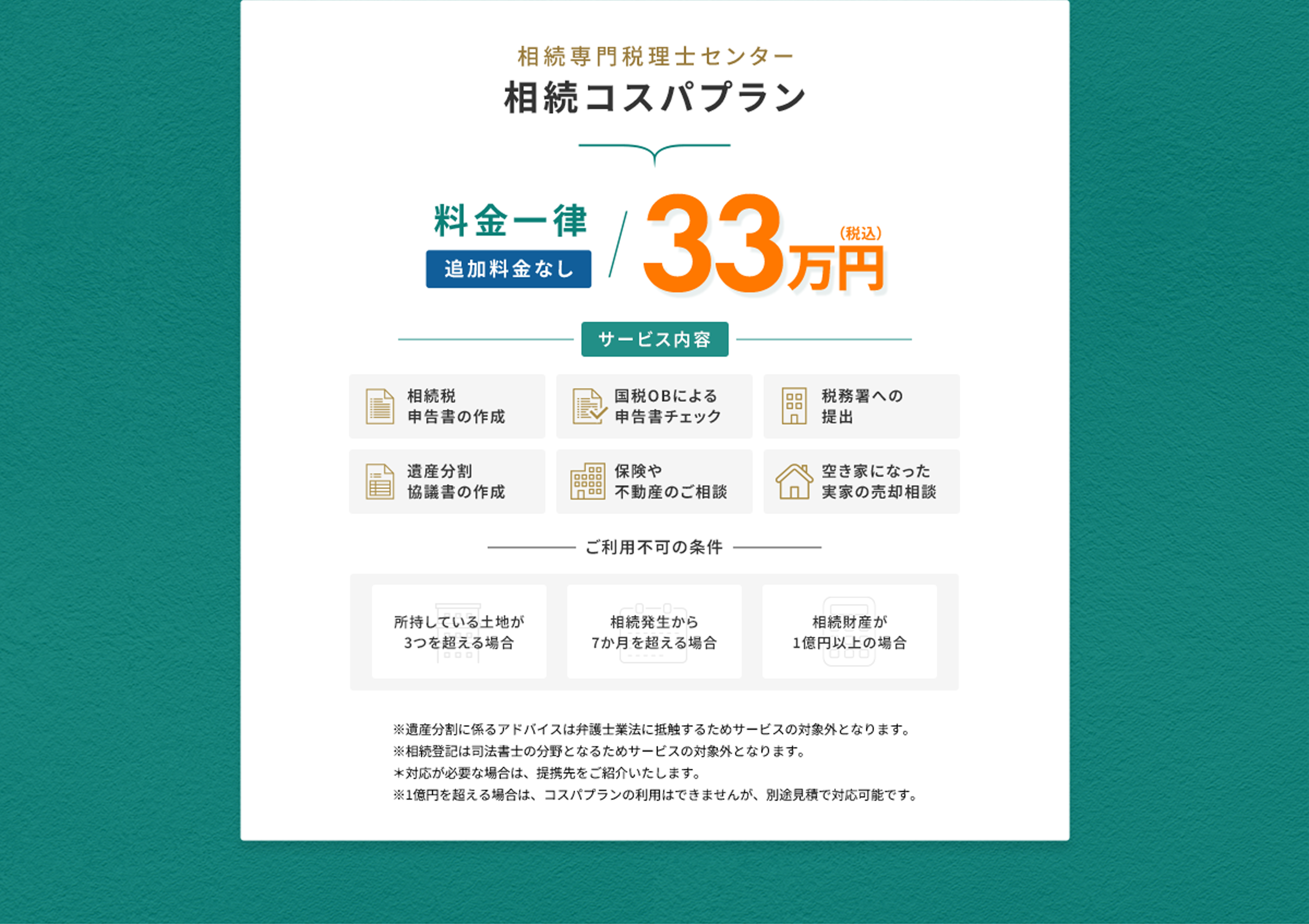 相続専門税理士センター 相続コスパプラン 料金一律33万円（税込） 追加料金なし サービス内容 相続税申告書の作成 国税OBによる申告書チェック 税務署への提出 遺産分割協議書の作成 保険や不動産のご相談 空き家になった実家の売却相談 ご利用不可の条件 所持している土地が3つを超える場合 相続発生から7か月を超える場合 相続財産が1億円以上の場合 ※遺産分割に係るアドバイスは弁護士業法に抵触するためサービスの対象外となります。 ※相続登記は司法書士の分野となるためサービスの対象外となります。 ＊対応が必要な場合は、提携先をご紹介いたします。 ※1億円を超える場合は、コスパプランの利用はできませんが、別途見積で対応可能です。