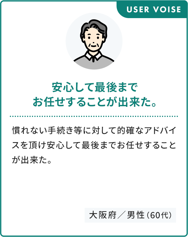 USER VOISE 安心して最後まで お任せすることが出来た。 慣れない手続き等に対して的確なアドバイスを頂け安心して最後までお任せすることが出来た。 大阪府／男性（60代）