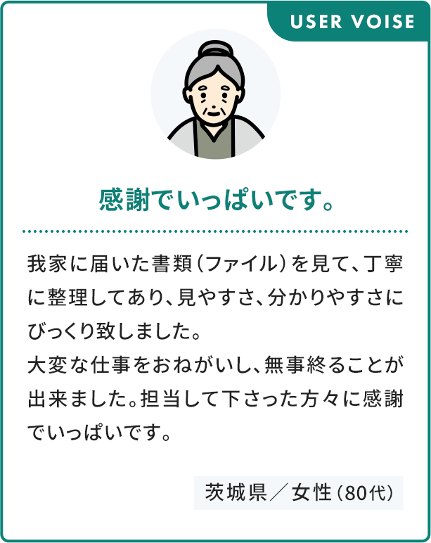 USER VOISE 感謝でいっぱいです。 大変な仕事をおねがいし、無事終ることが出来ました。担当して下さった方々に感謝でいっぱいです。 茨城県／女性（80代）